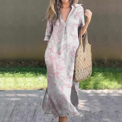 New Casual Summer Loose Skirt Slit V-Neck Print Imitation Hemp Dress Cotton