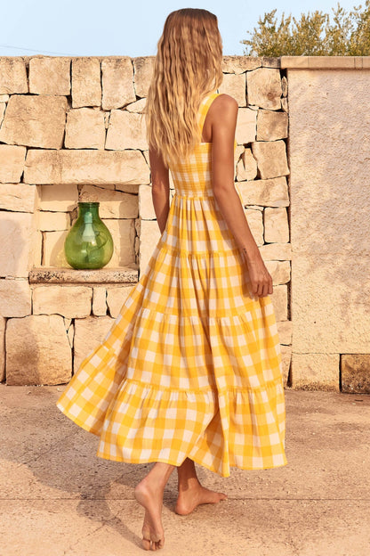 Plaid Color Block Ruffle Sleeveless Dress