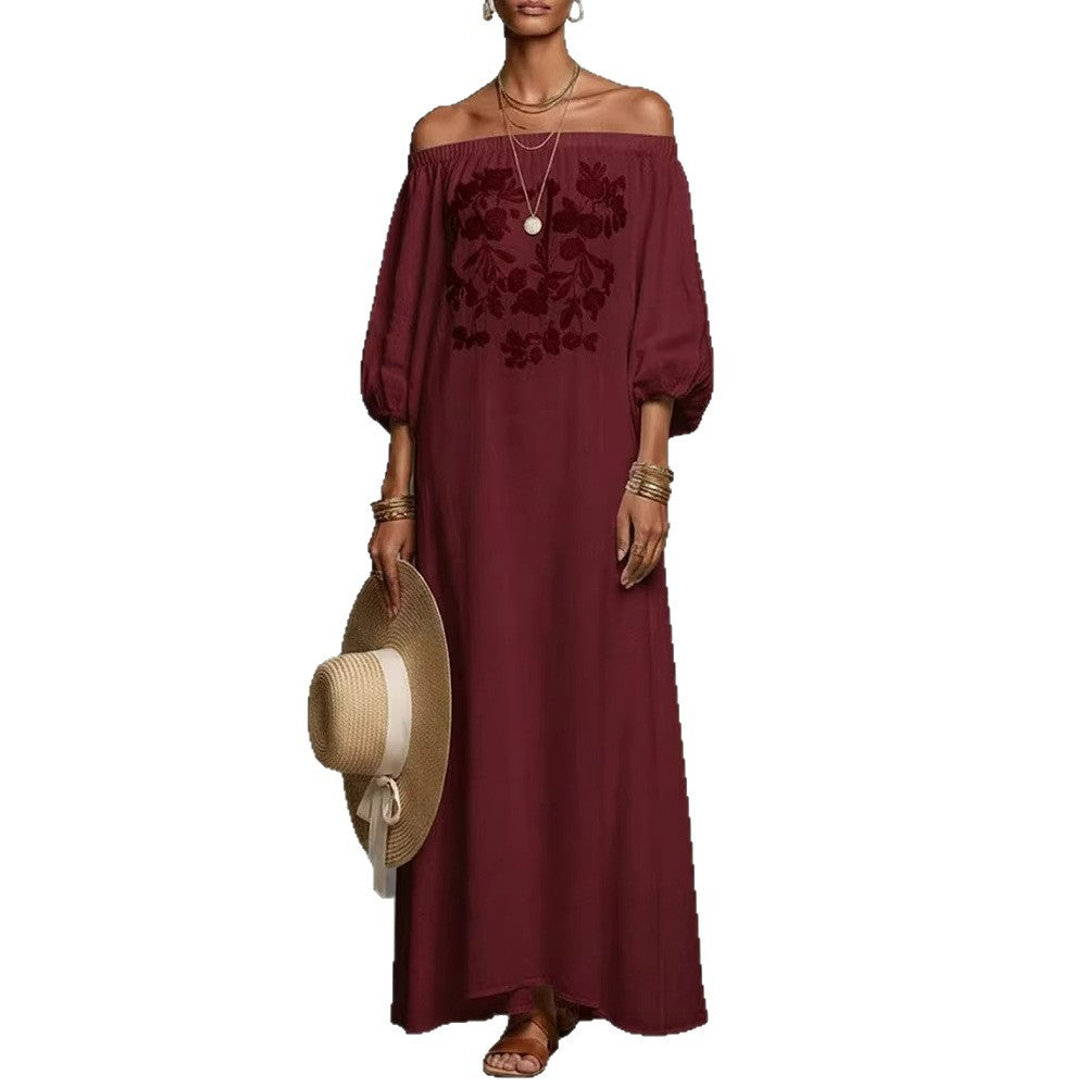 Linen Off Shoulder Floral Embroidery Balloon Sleeve Maxi Dress