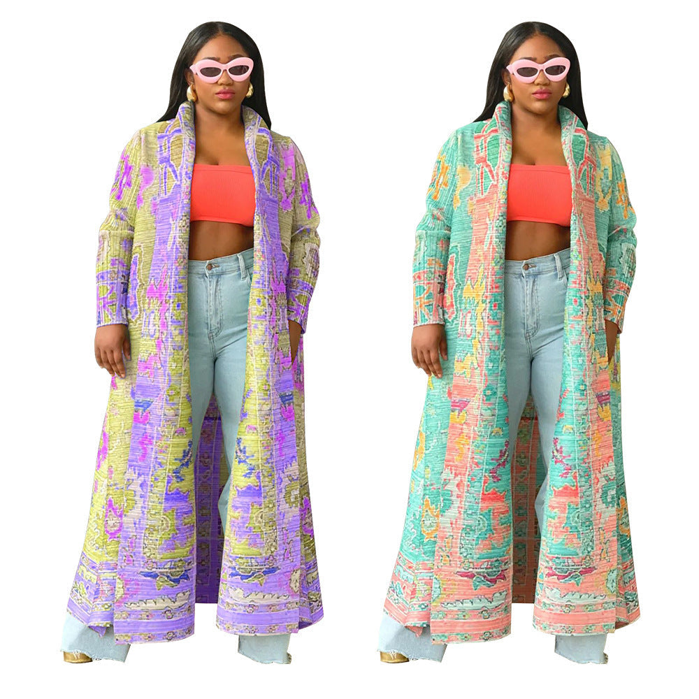 Plus Size Long Coat With Pleated Print For Women