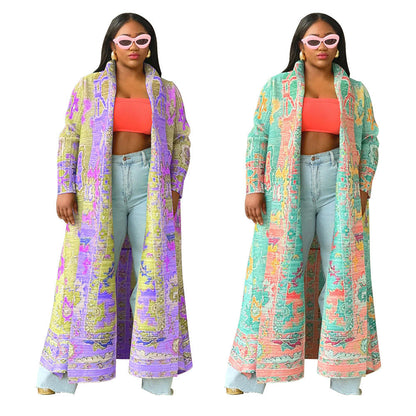 Plus Size Long Coat With Pleated Print For Women