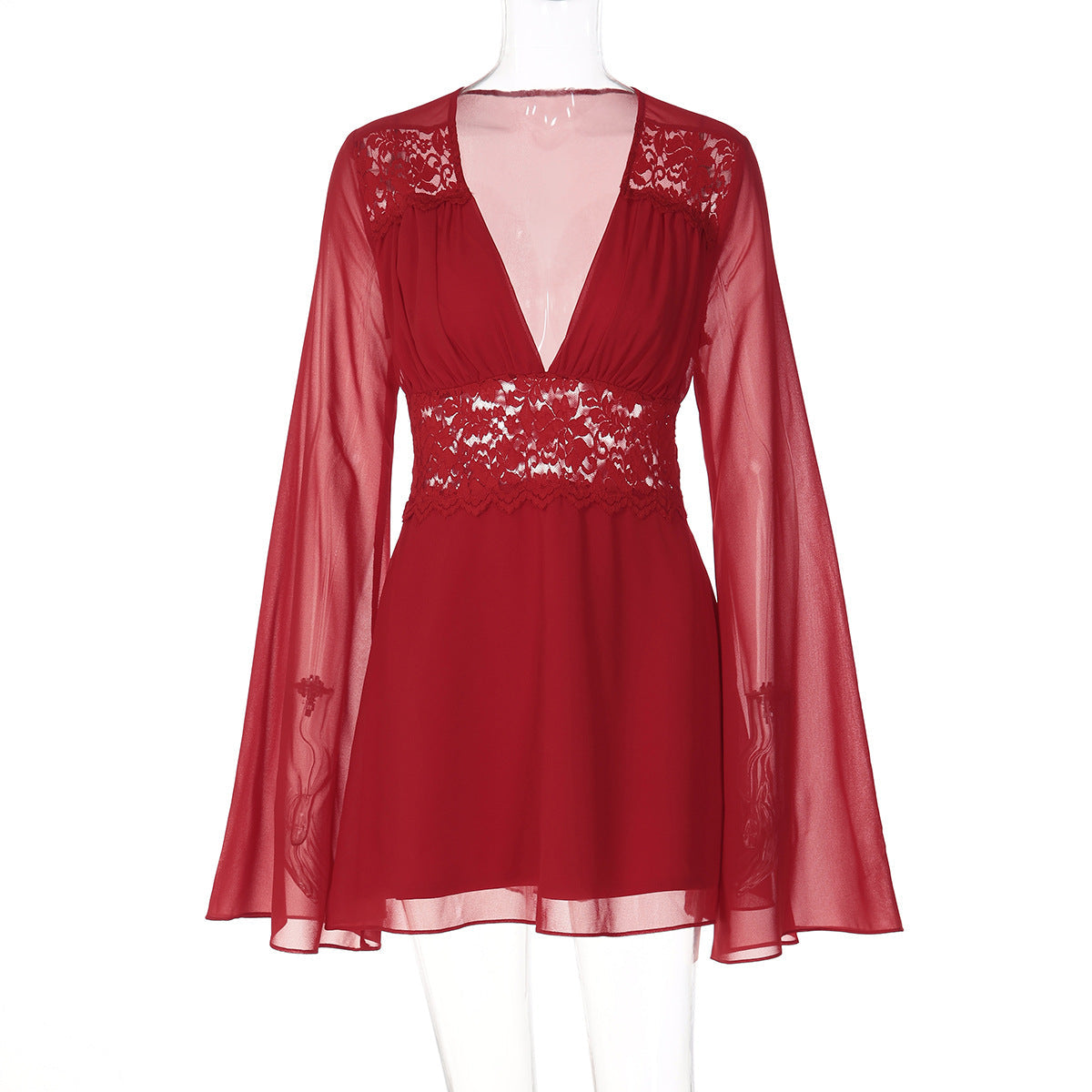 French Style Elegant Deep V Lace Midi Dress