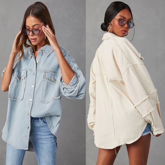 Trendy Oversized Denim Jacket With Studded Collar