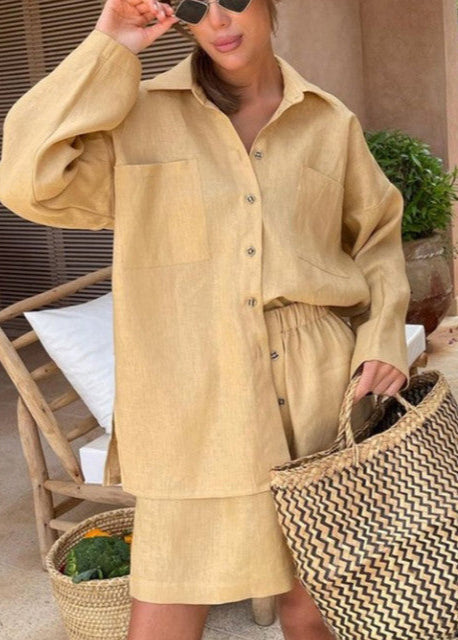Linen Button Down Shirt And High Waist Shorts Set