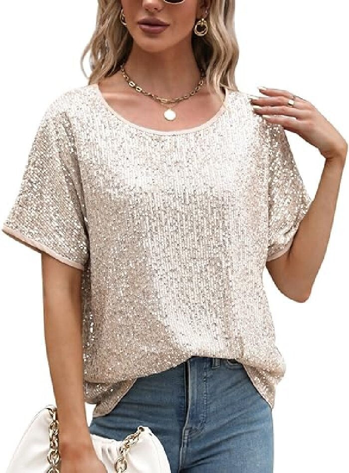Sequin Deep V-Neck Short Sleeve Top