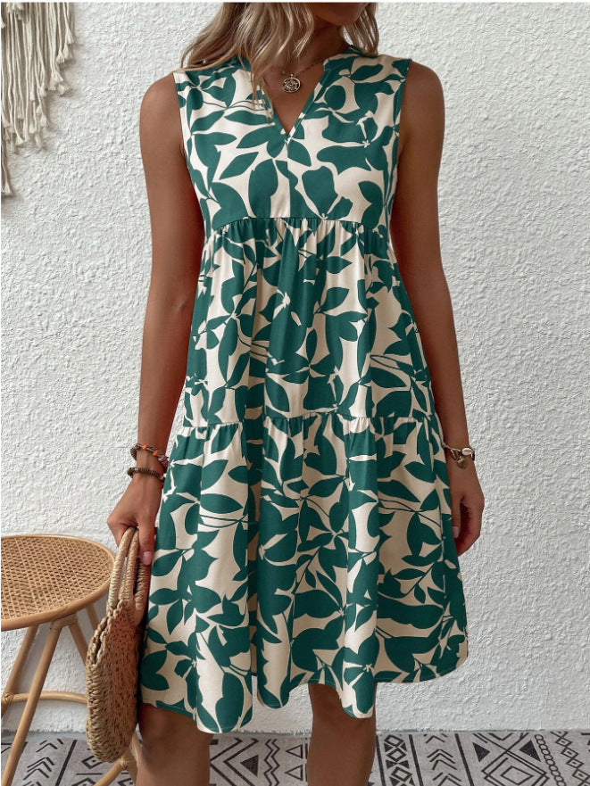 Women'S Bohemian Fashion Loose Vneck Pleated Print Dress For Women