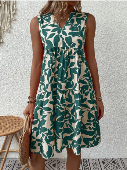 Women'S Bohemian Fashion Loose Vneck Pleated Print Dress For Women