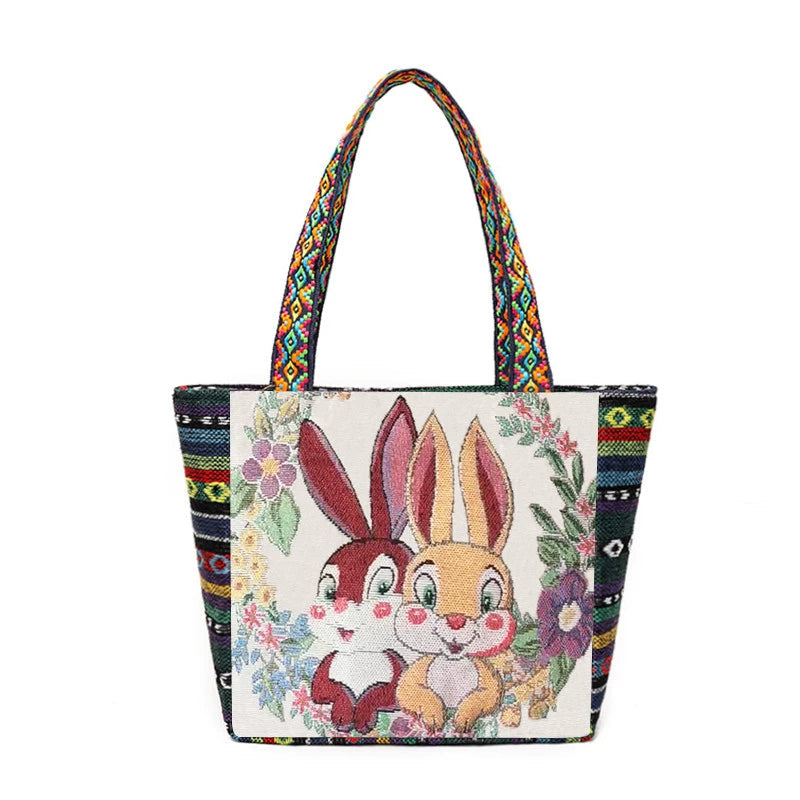 Tote Bag Women'S Bag Going Out Canvas Bag Double-Sided Casual Embroidery Large-Capacity Handbag Ethnic Style Small Square Bag