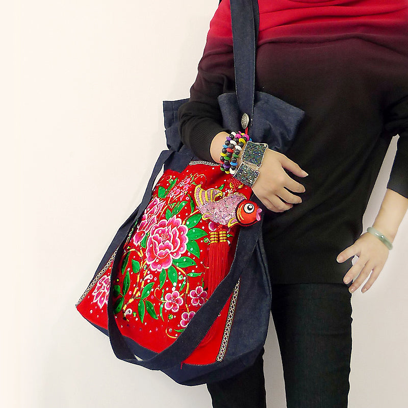 Original Tibetan Style Ethnic Style Embroidery Bag Vintage High Capacity Travel Denim One Shoulder Large Bag Women'S Bag