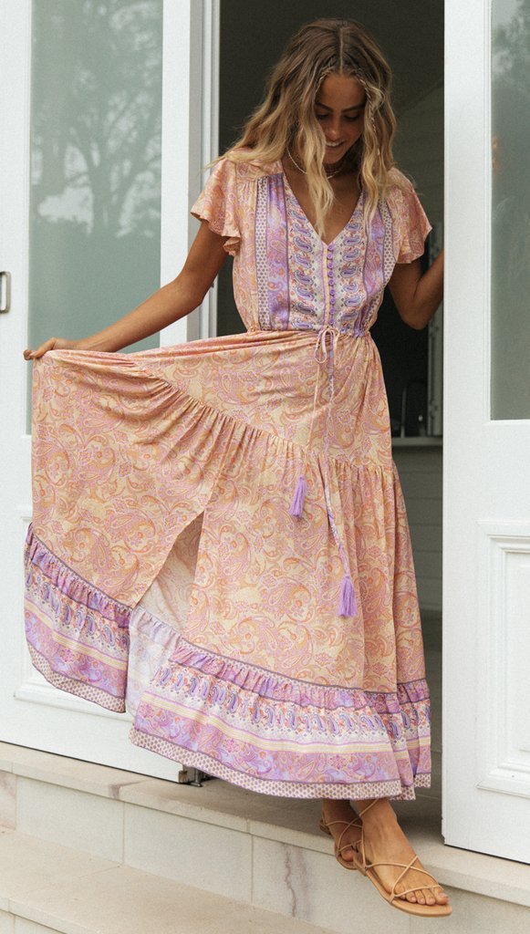 Women'S New Bohemian Holiday Long Skirt Positioning Flower Single-Breasted Dress