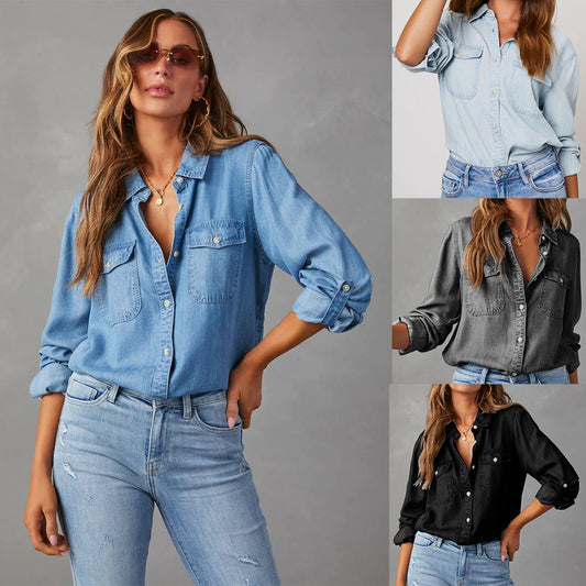 Women's Denim Shirt with Polo Collar Casual Long Sleeve