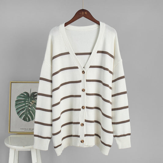 Striped Knit Cardigan Women V-Neck Cotton Sweater Casual Style