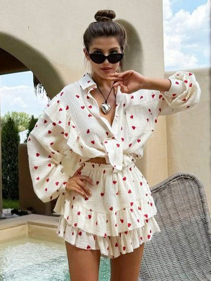 Cotton Floral Print Ruffle Sleeve Shirt & Shorts Set