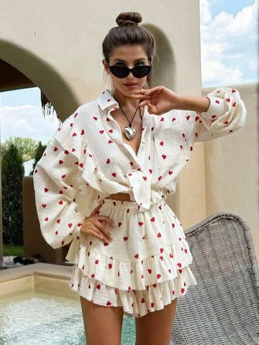 Cotton Floral Print Ruffle Sleeve Shirt & Shorts Set