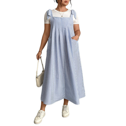 Blue Striped Suspender Dress Plus Size Comfortable Casual Dress