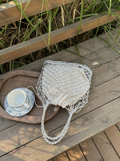 Handwoven Solid Color Tote Bag With Gold & Silver Lurex