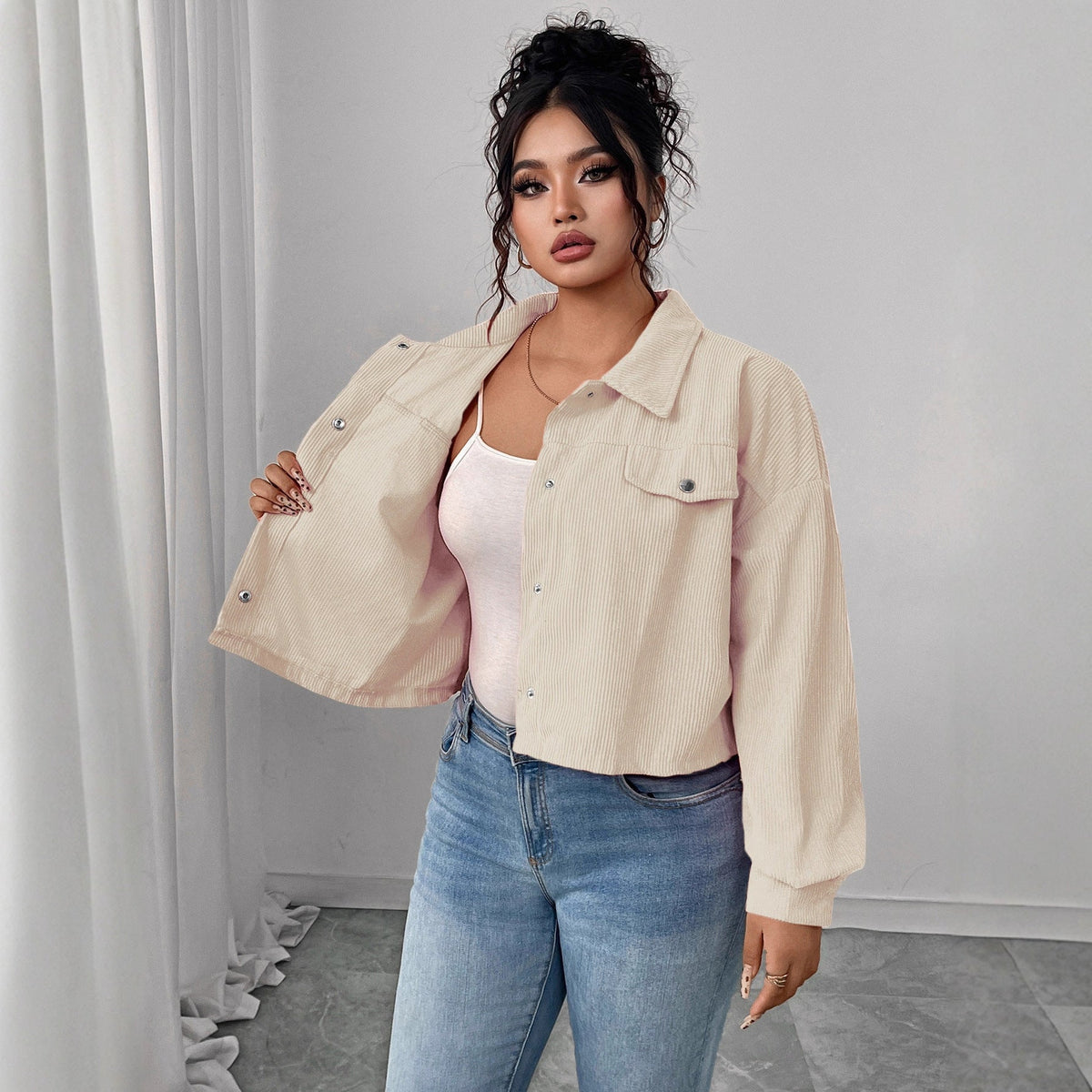 Casual Corduroy Jacket With Polo Collar And Lantern Sleeves