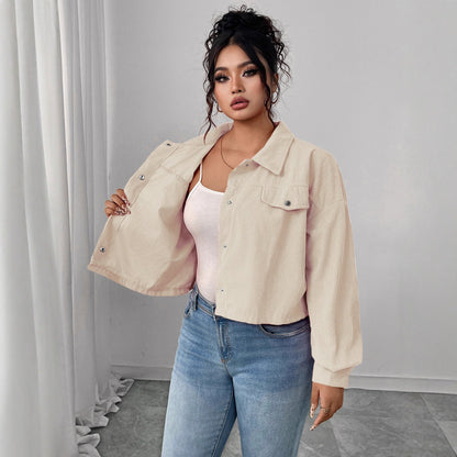 Casual Corduroy Jacket With Polo Collar And Lantern Sleeves