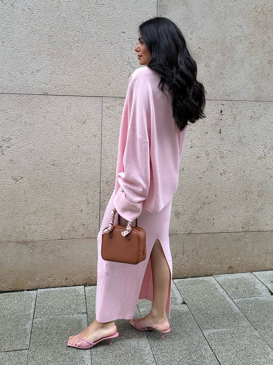 Knit Long Sleeve Cardigan Set with Cami Top and Skirt - Casual Style