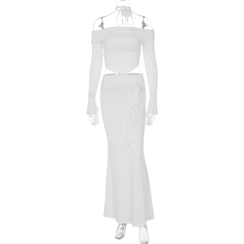 Elegant Fitted Off-Shoulder Long Sleeve Top and Skirt Set