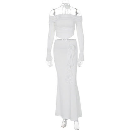 Elegant Fitted Off-Shoulder Long Sleeve Top and Skirt Set