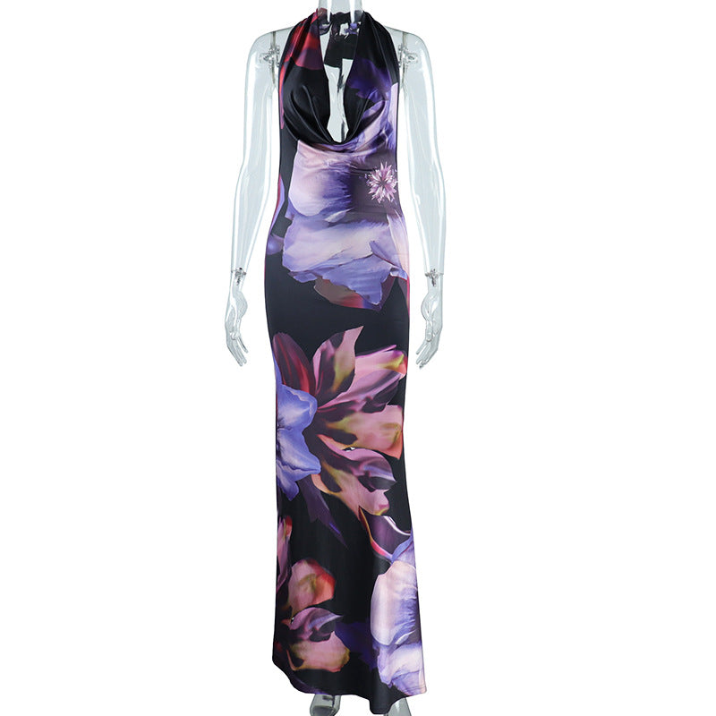 Colorful Digital Print Sleeveless Maxi Dress With Deep Neckline