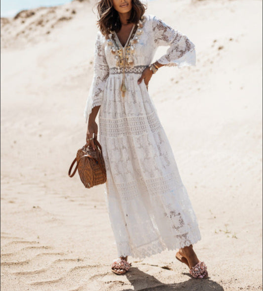 New Lace Stitching Lace Fringed Trumpet Line Long Skirt