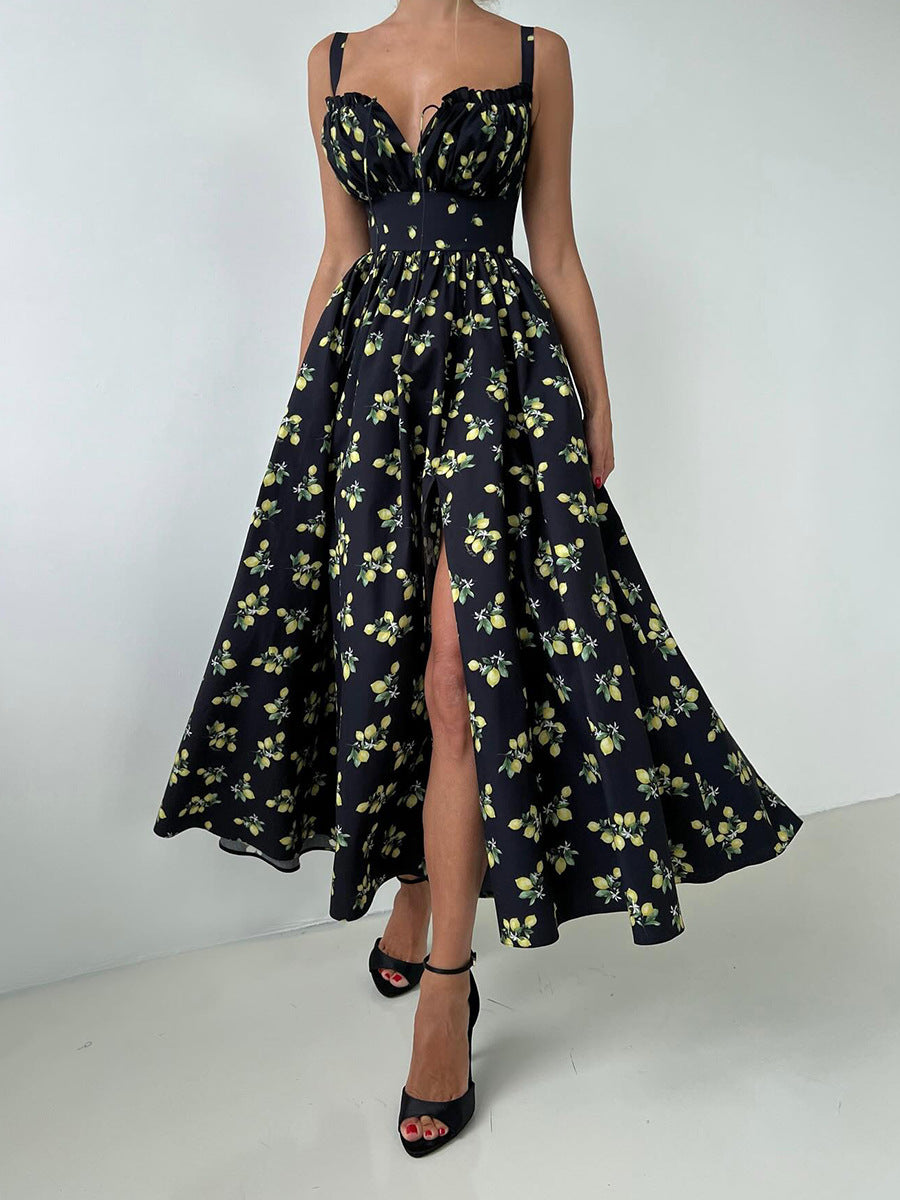 Floral Print V Neck High Waist Maxi Dress