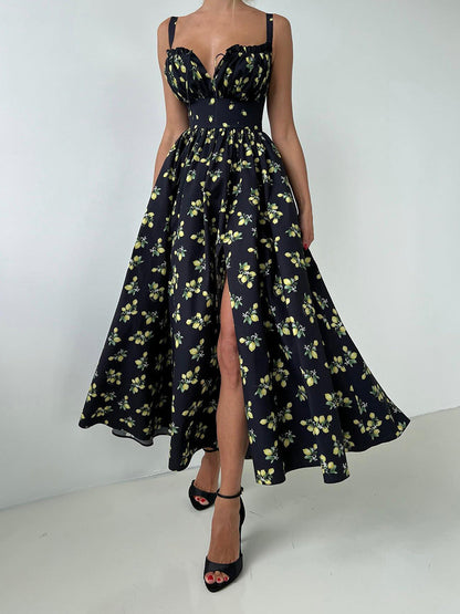 Floral Print V Neck High Waist Maxi Dress