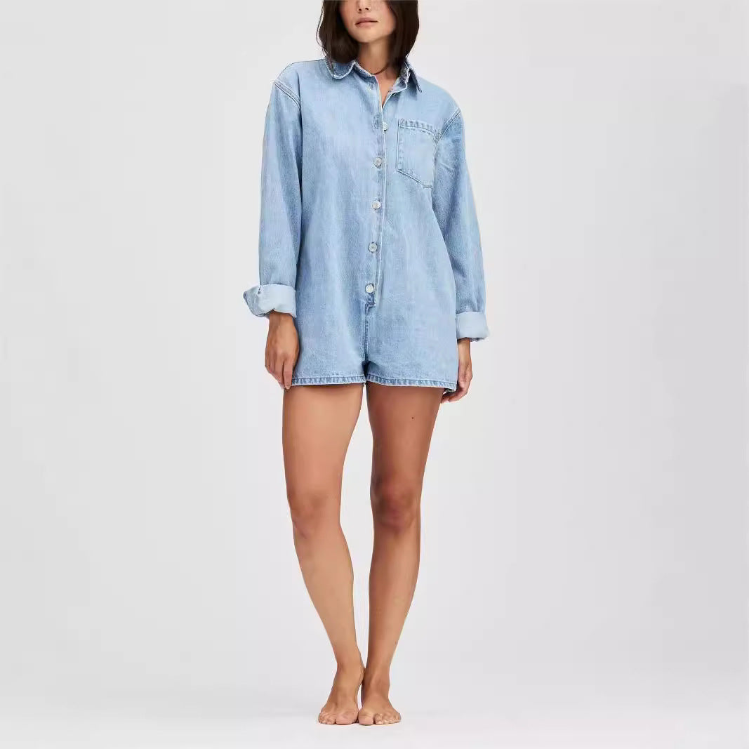 Trendy Denim Overalls with Pocket Casual Short Sleeve