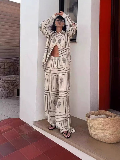 Trendy Floral Linen Cardigan Set With Pants