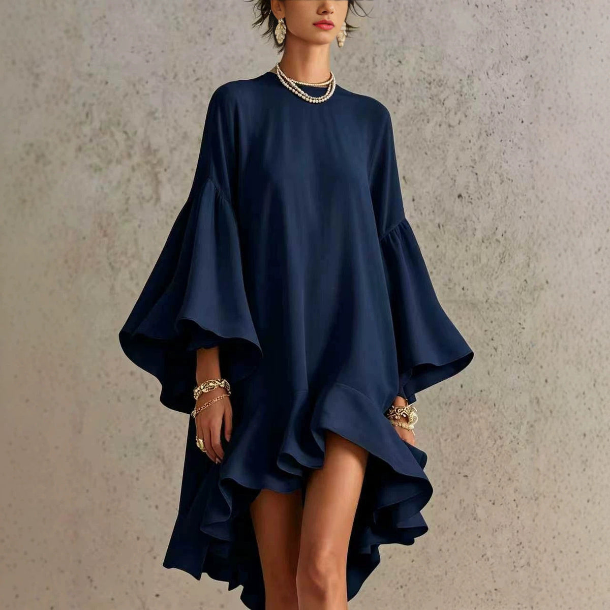 Satin Round Neck Oversized Bell Sleeve High Low Ruffle Mini Tunic Dress