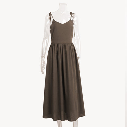 Cotton V-Neck Backless Dress Elegant Casual Maxi Dress