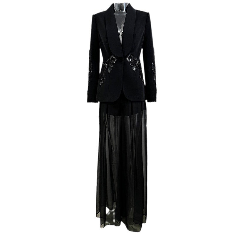 Fashionable Sheer Overlay Embellished Blazer & Chiffon Trousers Set