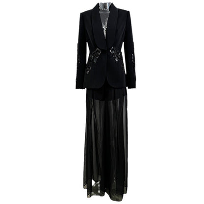 Fashionable Sheer Overlay Embellished Blazer & Chiffon Trousers Set