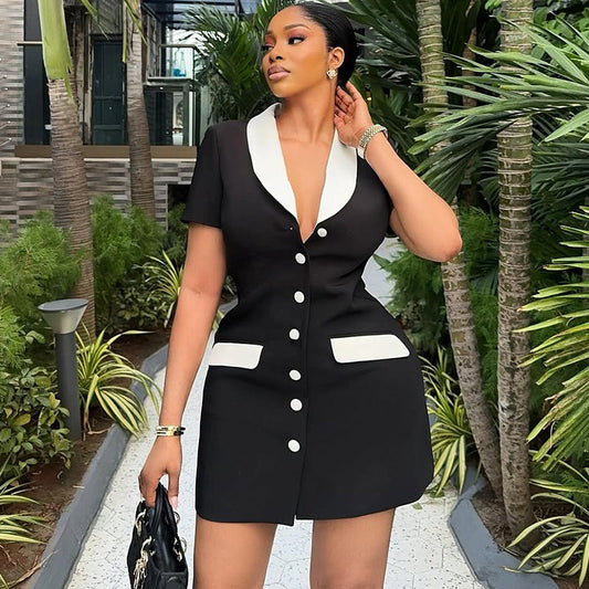 Trendy Black And White Color Block Slim Fit Blazer Dress