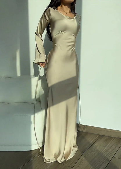 Satin Long Sleeve Maxi Dress With Lace Up Back