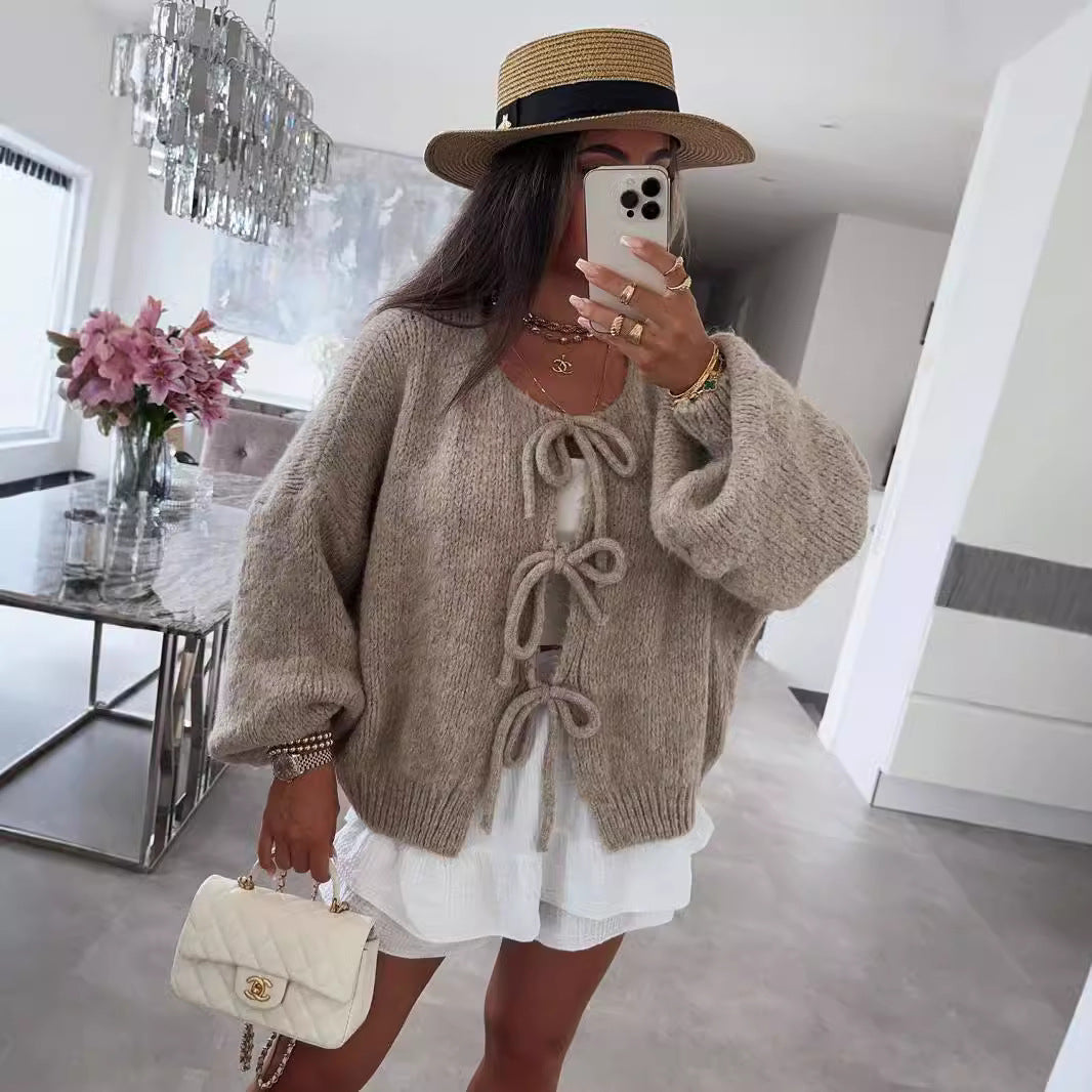 Crew Neck Lace-Up Knitted Cardigan Jacket Autumn And Winter New Solid Color Commuting Simple Sweater Women