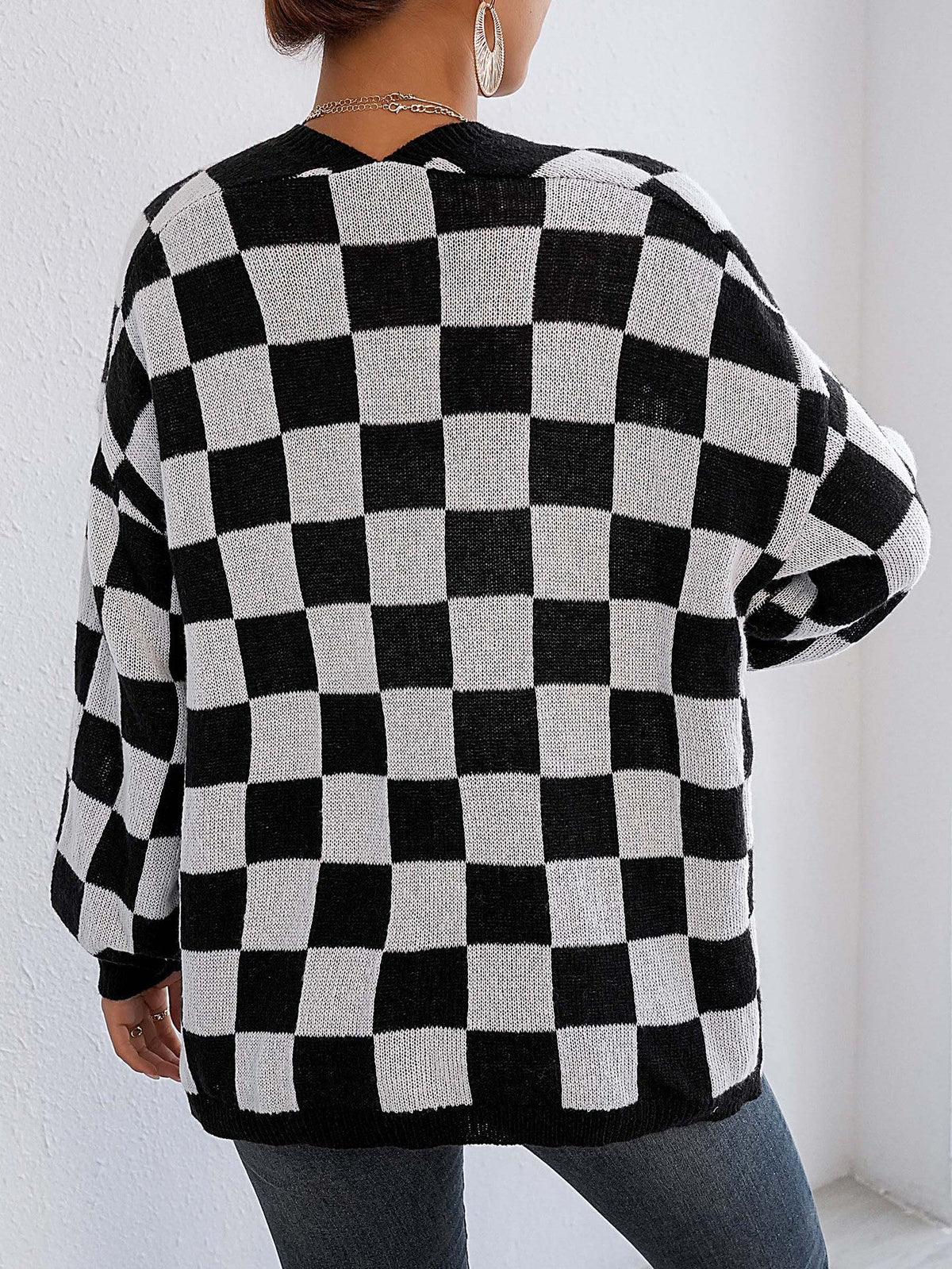 Women鈥檚 Color-Blocked Plaid Knit Cardigan Casual Sweater