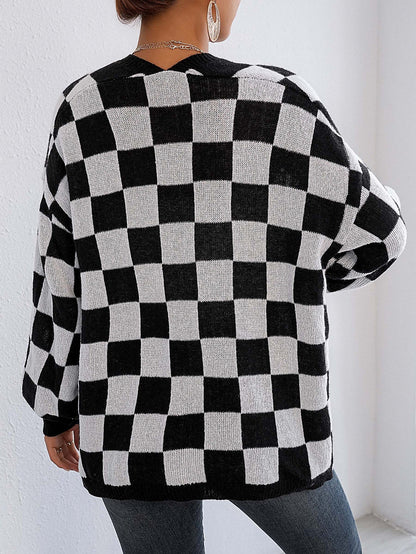 Women鈥檚 Color-Blocked Plaid Knit Cardigan Casual Sweater