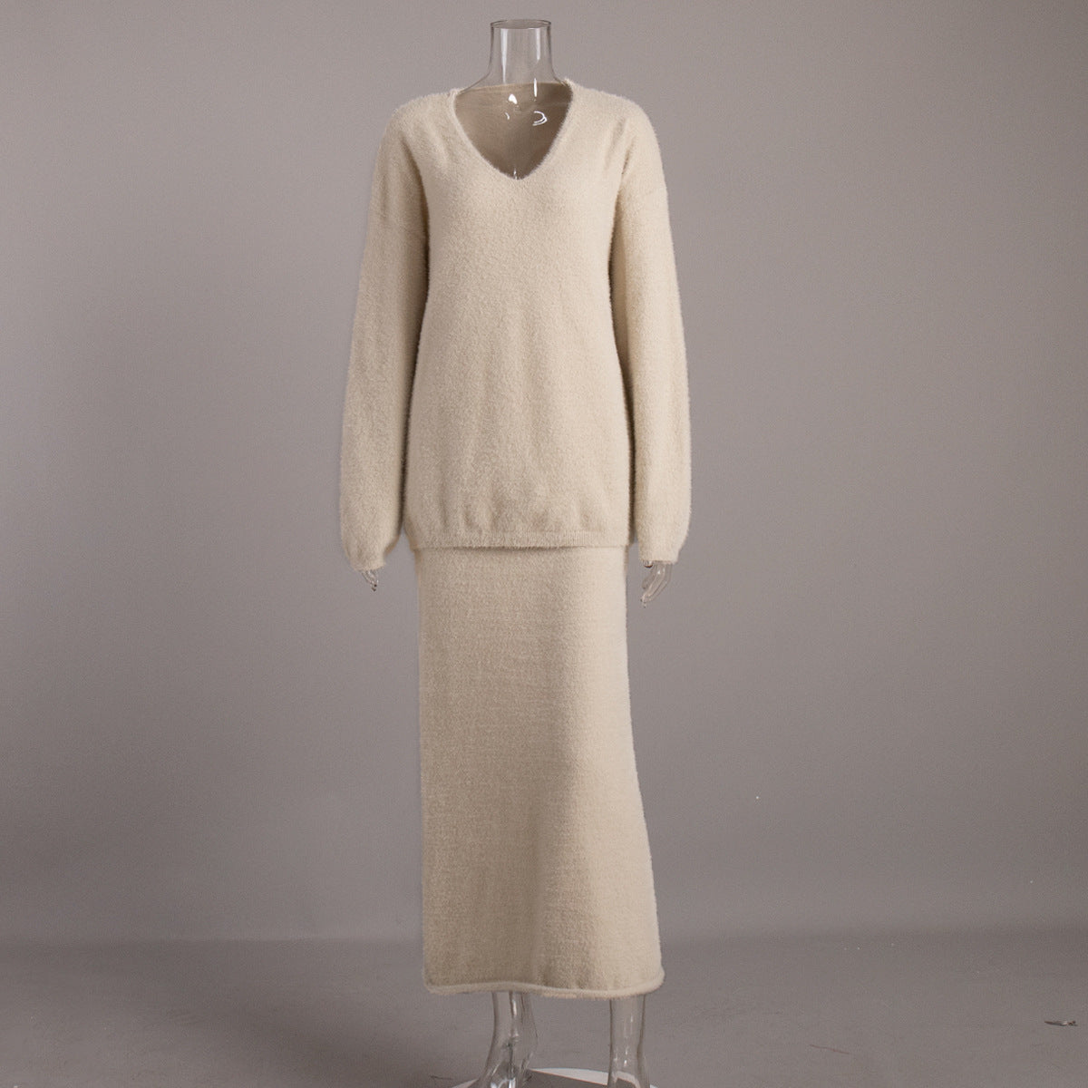Cozy Knit V-Neck Sweater And Maxi Skirt Set