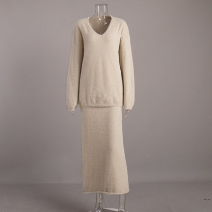 Cozy Knit V-Neck Sweater And Maxi Skirt Set