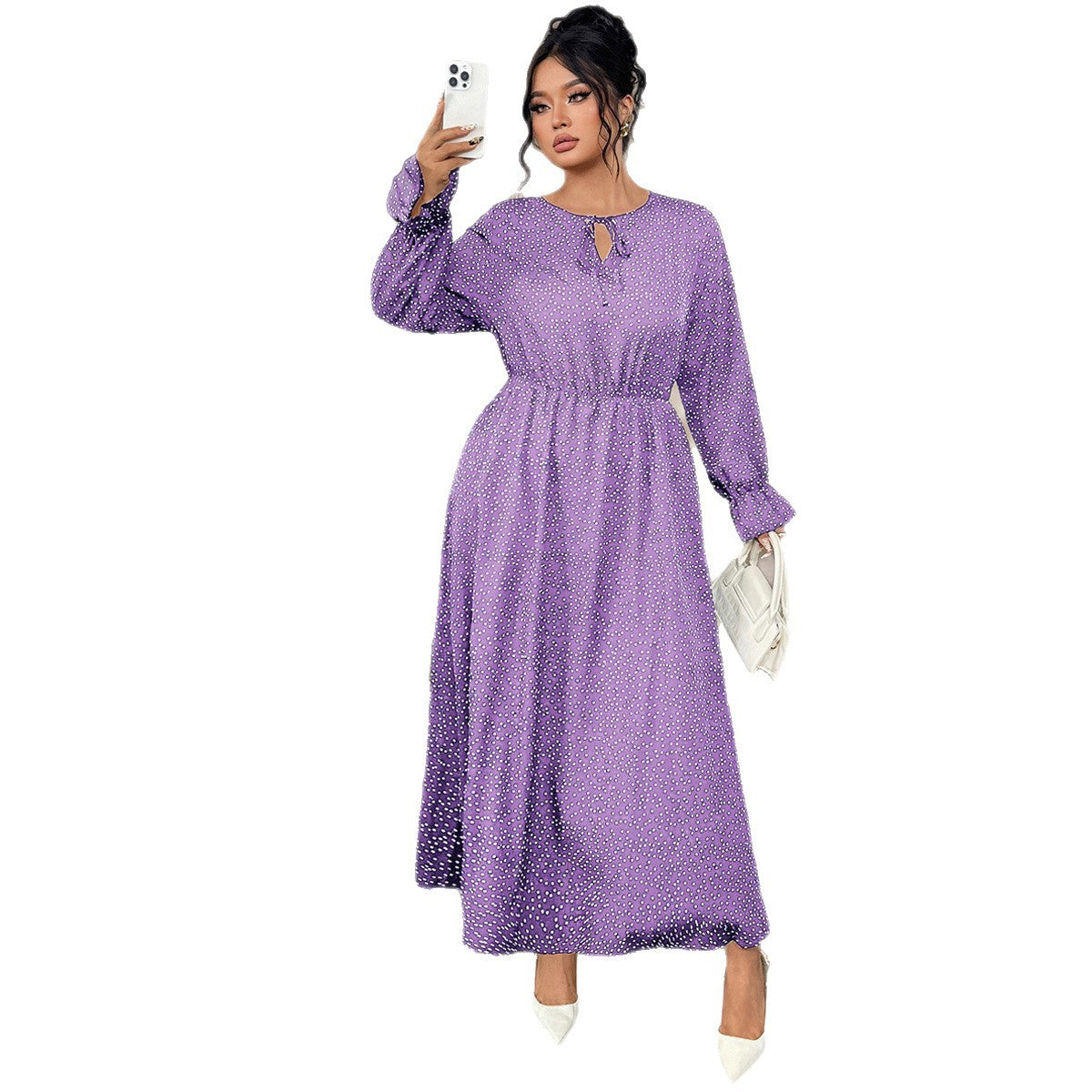 Plus Size Polka Dot Chiffon Dress With Flared Sleeves