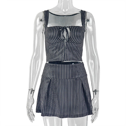 Trendy Striped Print Crop Top And Skirt Set