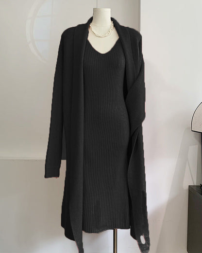 2 Pcs Elegant Fall Long Sleeve Cardigan Tank Dress