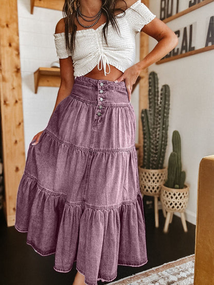 Bohemian A-Line Layered Denim Skirt