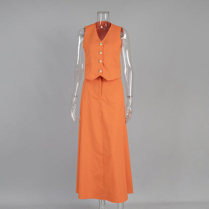 Linen-Cotton Maxi Vest and Skirt Set for Women
