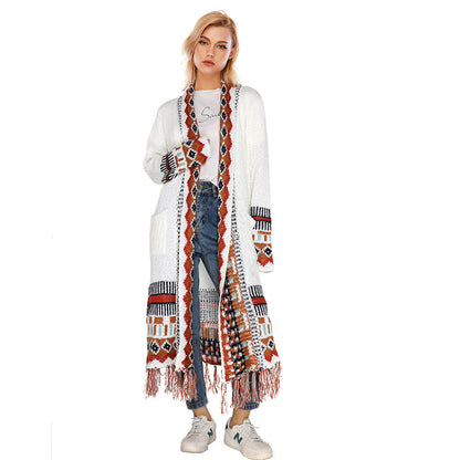 Ethnic Style Cardigan Sweater Women Retro Fringed Blouse Bohemian Style Knitted Sweater Cardigan Jacket
