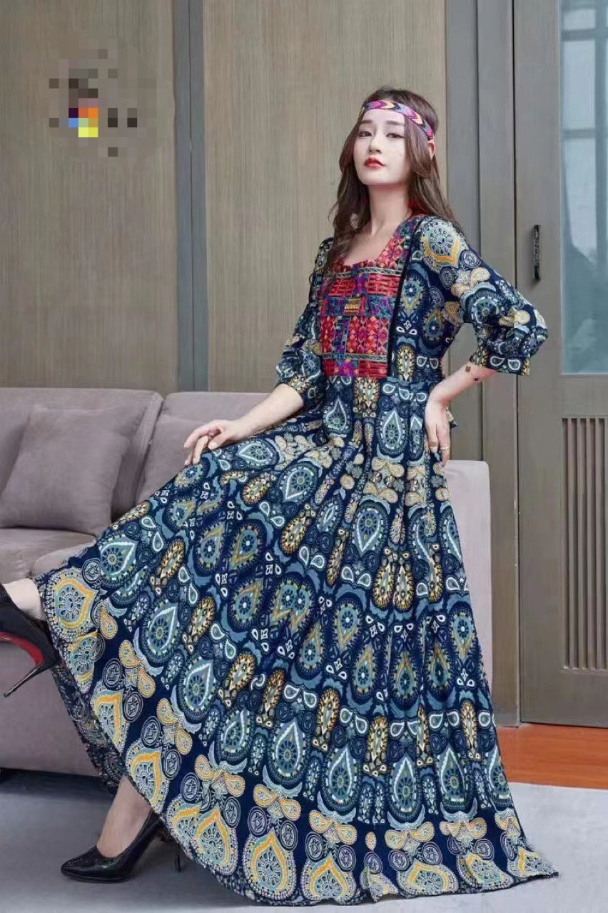 Bohemian Ethnic Style Big Swing Embroidery Dress Women'S Long Dress