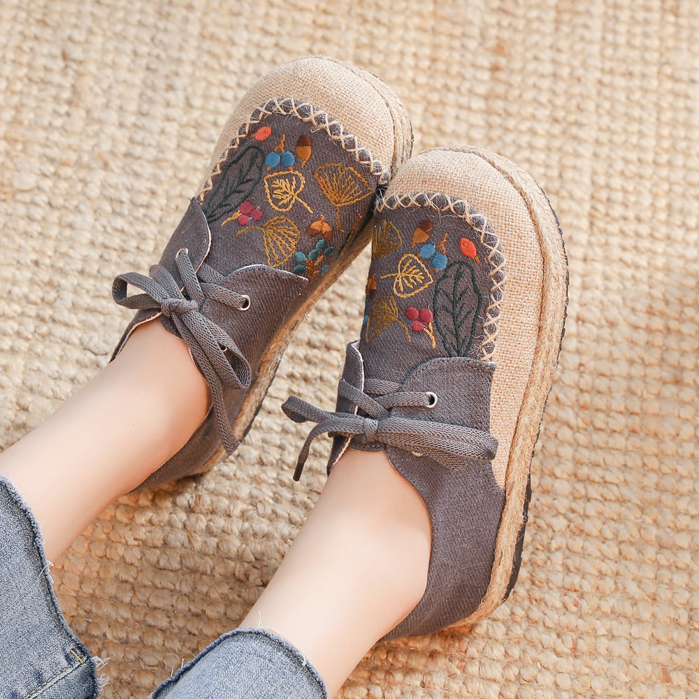 New Autumn Literary Linen Casual Shoes Women'S Ethnic Style Embroidered Lace Up Cotton Linen Cloth Shoes